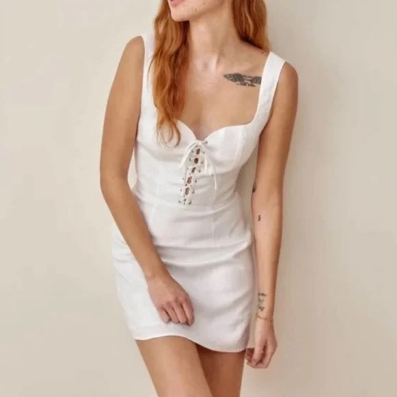 knee length dresses for ladies Tie Shoulder Mod Dress - Ivory Linen main image 0